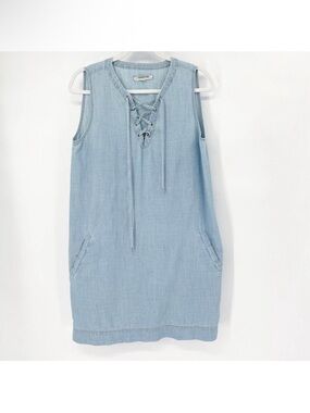 Madewell Chambray Lace Up Shift Dress Sz S Blue‎ Light Wash Sleeveless Pockets